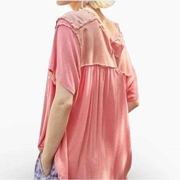 POL Oversize Pearl Embellished Ribbed Top Size Small Watermelon Pink - Picture 3 of 12